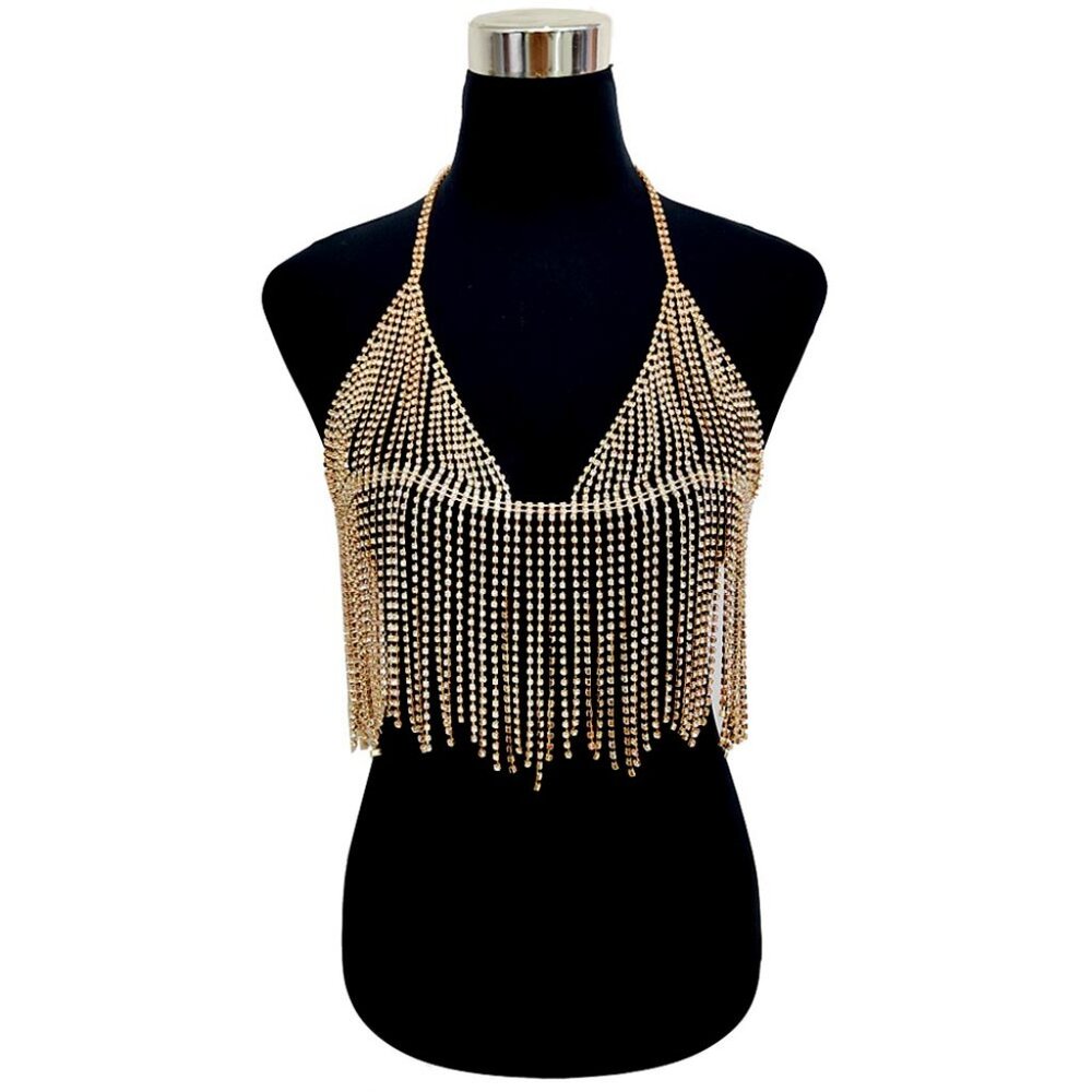 Gold Rhinestone Fringe Body Chain Bralette